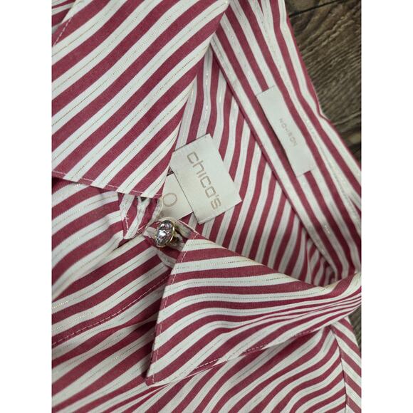 Chico's Long Sleeve Red Whit GoldMetallic Shimmer Striped No-Iron Shirt Size 0 S - Picture 3 of 6